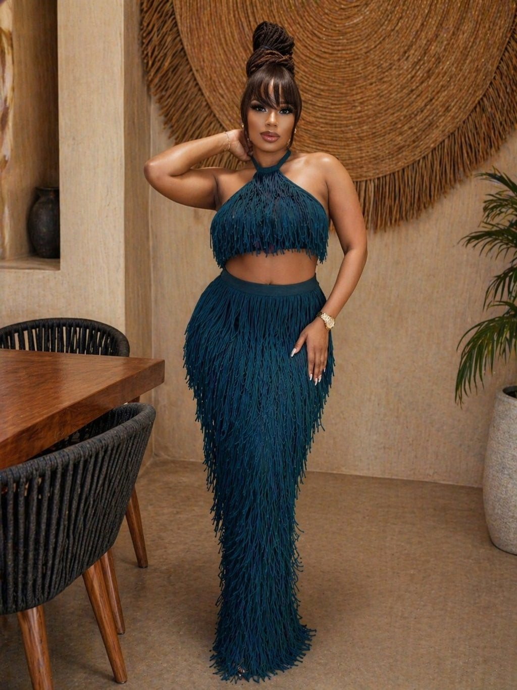 Fringed Knitted Skirt Set
